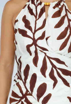Beige Halter Top met Bladerenprint en Striksluiting op de Rug