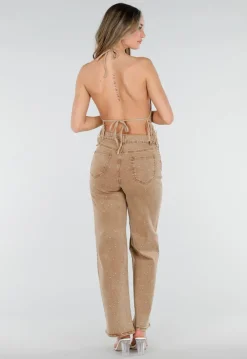 Beige Halter Top met Fringe Zoom en Open Rug