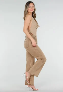 Beige Halter Top met Fringe Zoom en Open Rug