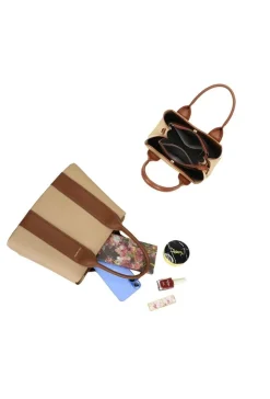 Beige Handtas met Bruine Accenten en Dubbele Handvatten