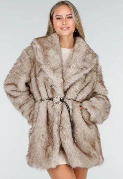 Beige Imitatiebont Jas met Ceintuur