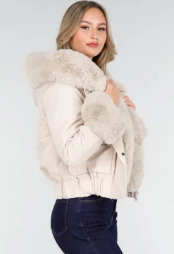Beige Jas met Faux Fur Kraag en Manchetten