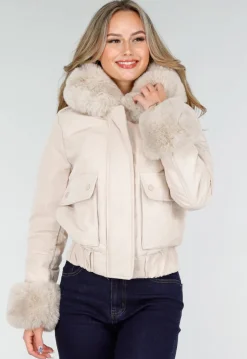 Beige Jas met Faux Fur Kraag en Manchetten