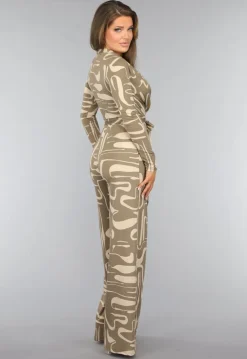 Beige Jumpsuit met Grafisch Patroon en Tailleband