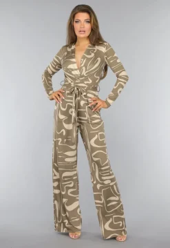 Beige Jumpsuit met Grafisch Patroon en Tailleband