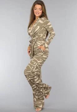 Beige Jumpsuit met Grafisch Patroon en Tailleband