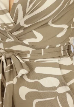 Beige Jumpsuit met Grafisch Patroon en Tailleband