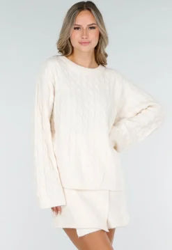 Beige Kabel Gebreide Trui met Lange Mouwen