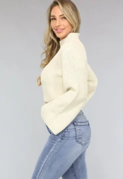 Beige Korte Gebreide Trui met Wijduitlopende Mouwen