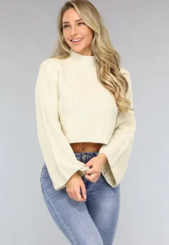 Beige Korte Gebreide Trui met Wijduitlopende Mouwen
