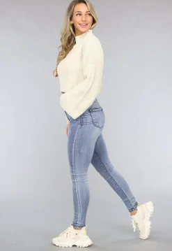 Beige Korte Gebreide Trui met Wijduitlopende Mouwen