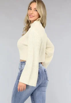 Beige Korte Gebreide Trui met Wijduitlopende Mouwen