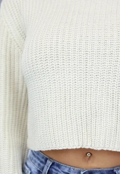 Beige Korte Gebreide Trui met Wijduitlopende Mouwen