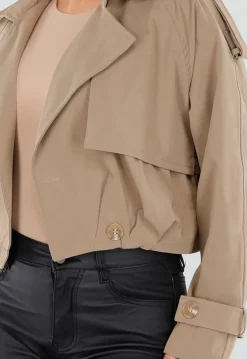 Beige Korte Trenchcoat met Schouderdetails en Knoopsluiting