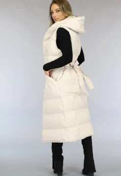 Beige Lange Bodywarmer met Capuchon