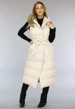 Beige Lange Bodywarmer met Capuchon