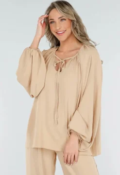 Beige Lange Mouwen Blouse met V-hals en Koordjes