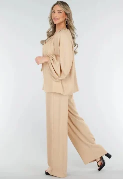 Beige Lange Mouwen Blouse met V-hals en Koordjes