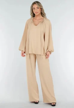 Beige Lange Mouwen Blouse met V-hals en Koordjes