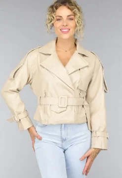 Beige Lederlook Jack met Riempjes