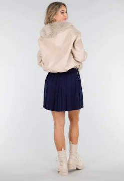 Beige Lederlook Jas Met Faux Fur