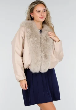 Beige Lederlook Jas Met Faux Fur