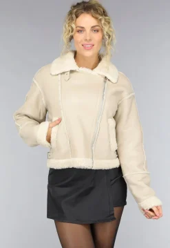 Beige Lederlook Jas met Teddy Voering