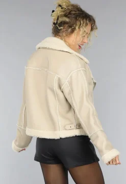 Beige Lederlook Jas met Teddy Voering