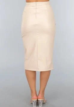 Beige Lederlook Midi Rok met Split