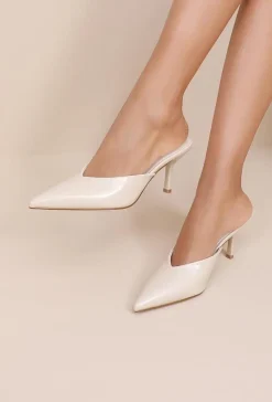 Beige Lederlook Muiltje Pumps met Puntneus en Lage Hak