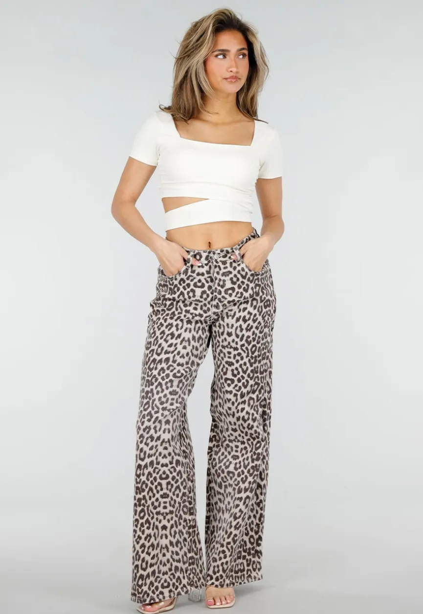 Beige Leopard Denim Jeans met Wide Leg en Steekzakken