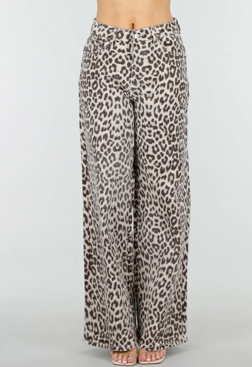 Beige Leopard Denim Jeans met Wide Leg en Steekzakken