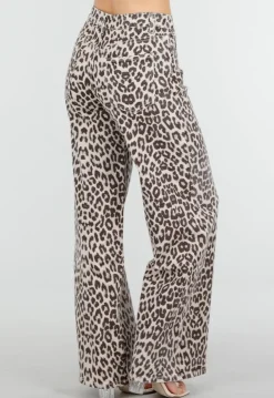 Beige Leopard Denim Jeans met Wide Leg en Steekzakken