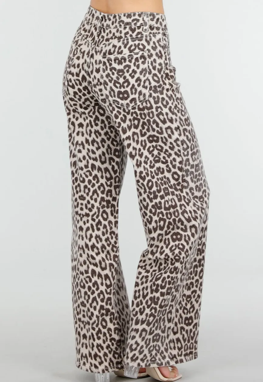 Beige Leopard Denim Jeans met Wide Leg en Steekzakken