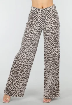 Beige Leopard Denim Jeans met Wide Leg en Steekzakken