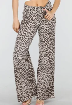 Beige Leopard Denim Jeans met Wide Leg en Steekzakken
