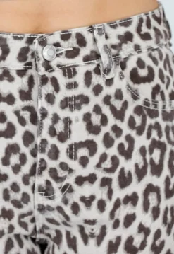 Beige Leopard Denim Jeans met Wide Leg en Steekzakken