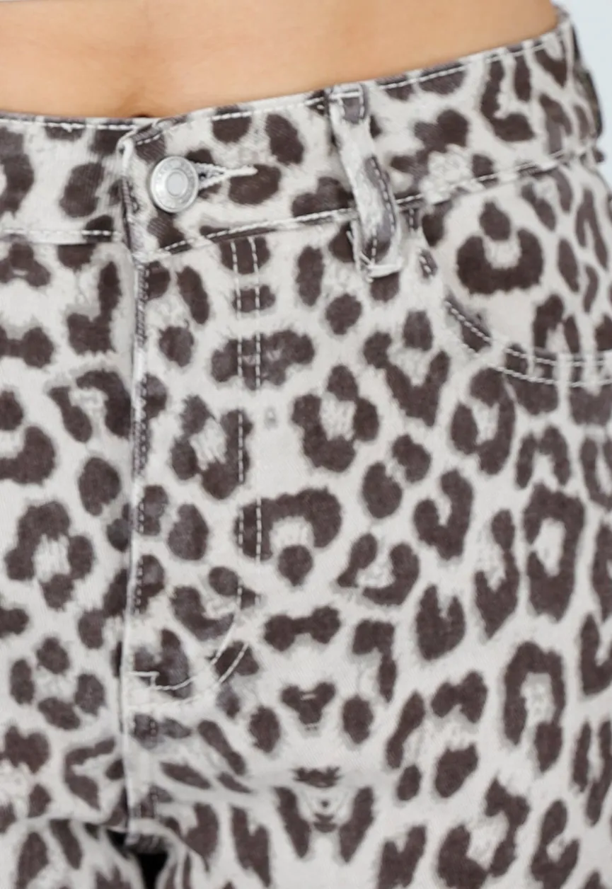 Beige Leopard Denim Jeans met Wide Leg en Steekzakken