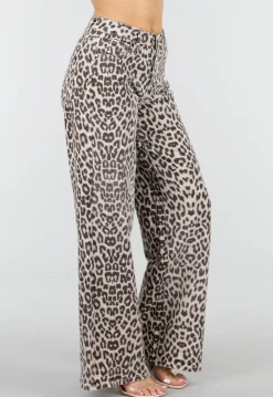 Beige Leopard Denim Jeans met Wide Leg en Steekzakken