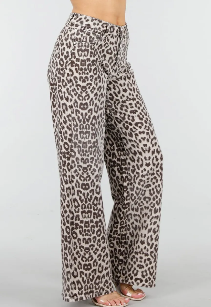 Beige Leopard Denim Jeans met Wide Leg en Steekzakken