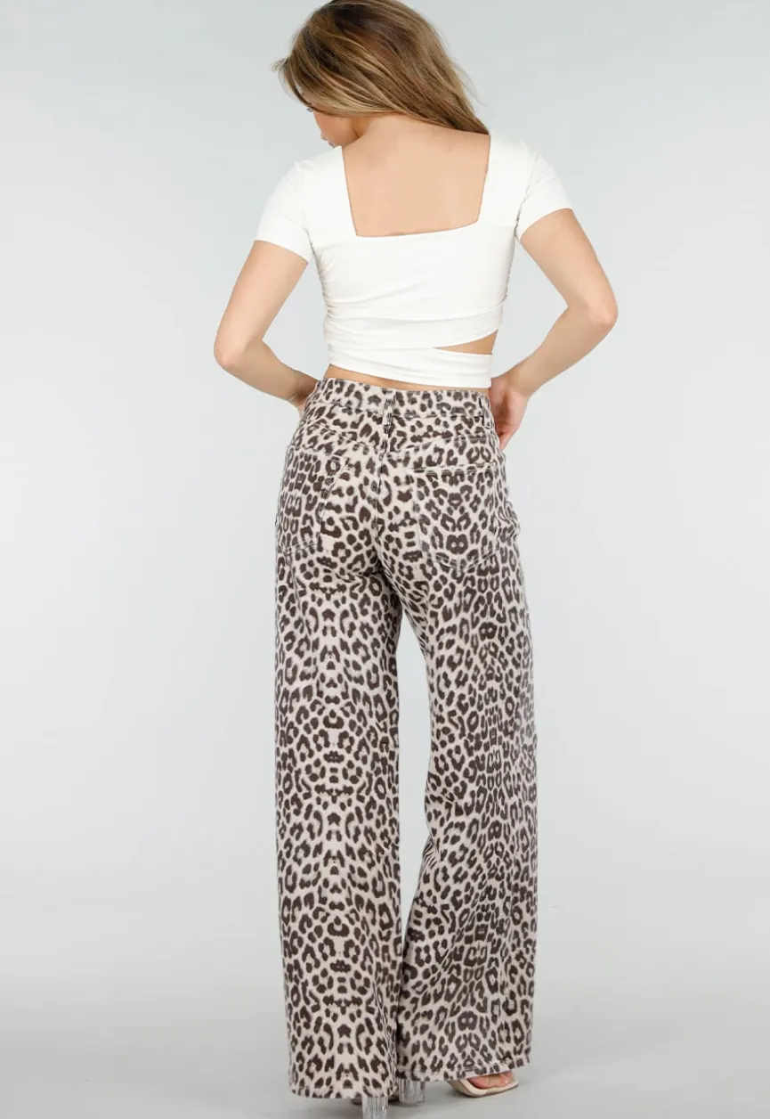 Beige Leopard Denim Jeans met Wide Leg en Steekzakken