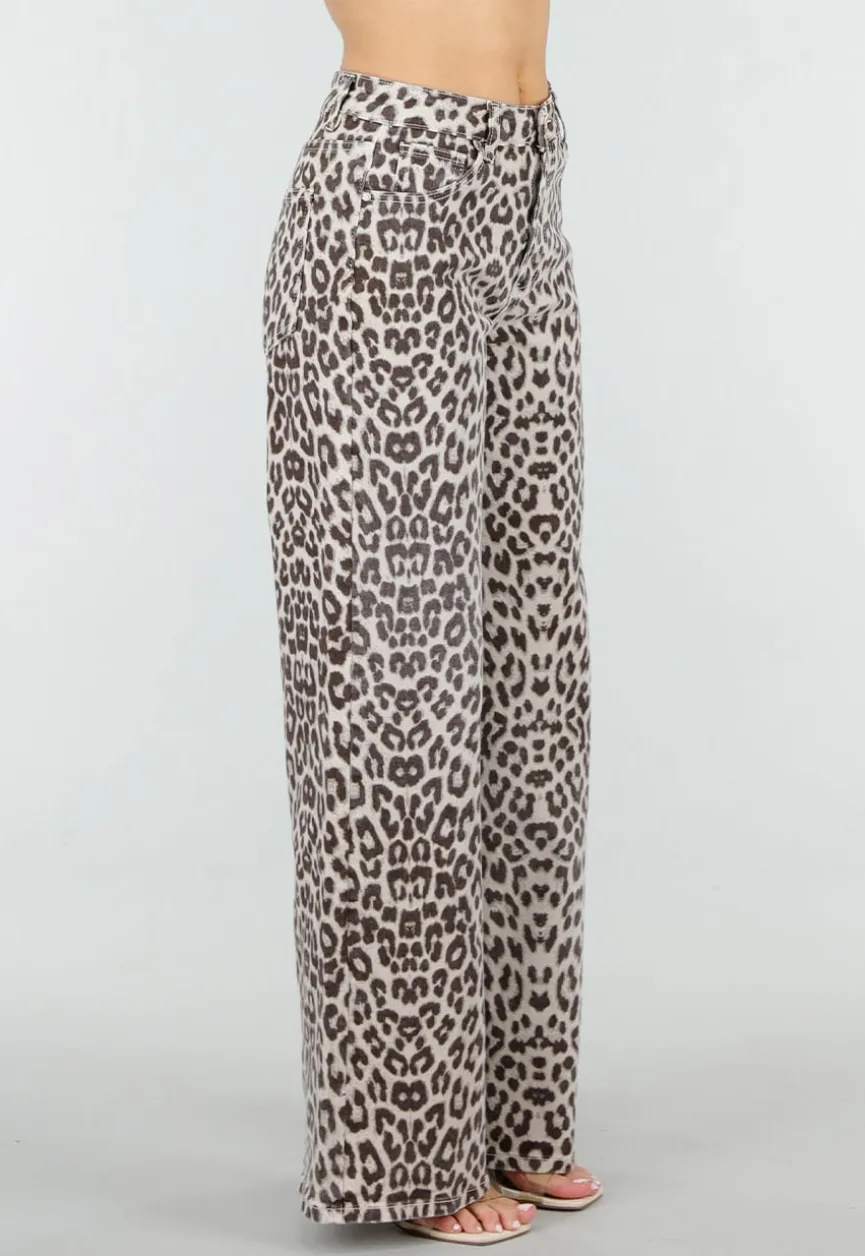 Beige Leopard Denim Jeans met Wide Leg en Steekzakken