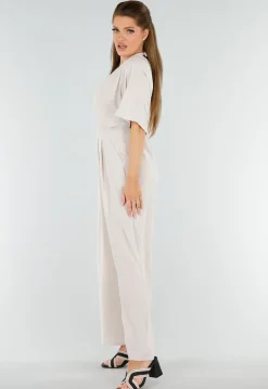 Beige Linnenlook Jumpsuit met Wijde Pijpen en Lage V-Hals