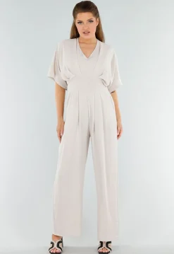 Beige Linnenlook Jumpsuit met Wijde Pijpen en Lage V-Hals