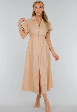 Beige Linnenlook Midi Jurk met Kraag en Knopen
