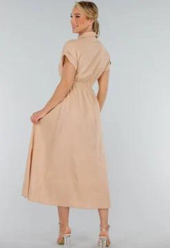 Beige Linnenlook Midi Jurk met Kraag en Knopen