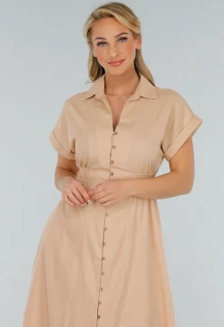 Beige Linnenlook Midi Jurk met Kraag en Knopen