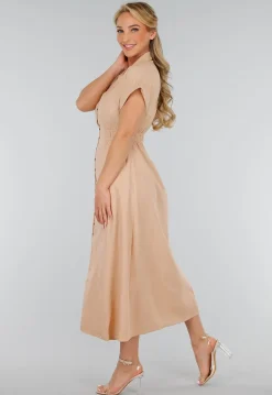 Beige Linnenlook Midi Jurk met Kraag en Knopen