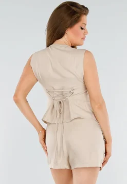 Beige Linnenlook 2-Piece met Asymmetrische Knoopsluiting