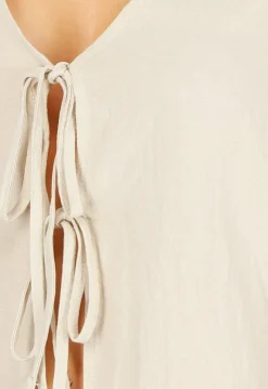 Beige Linnenlook Set met Gilet-Top en Wijde Broek met Striksluiting